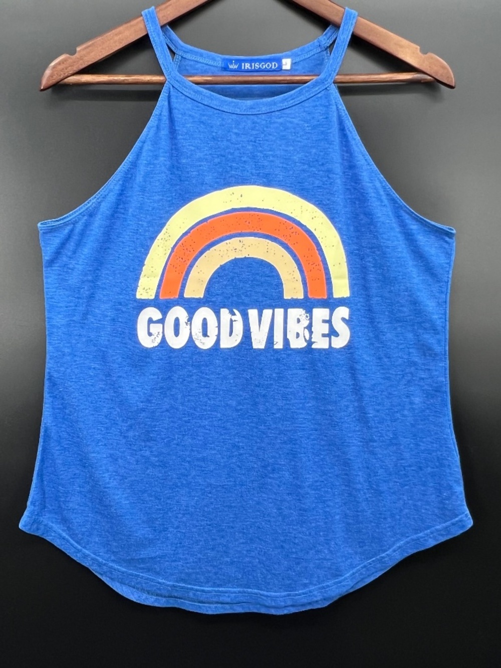 Good Vibes Tank Top Women Size L Blue Rainbow Graphic Cotton Muscle Workout